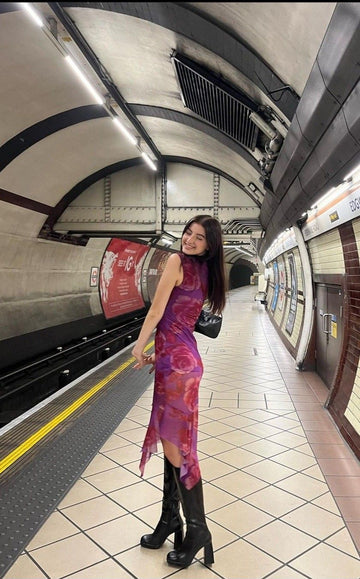 Pretty Purple A Line Straps Print Floral Chiffon Party Dress Date Dress Outfits HZ1023
